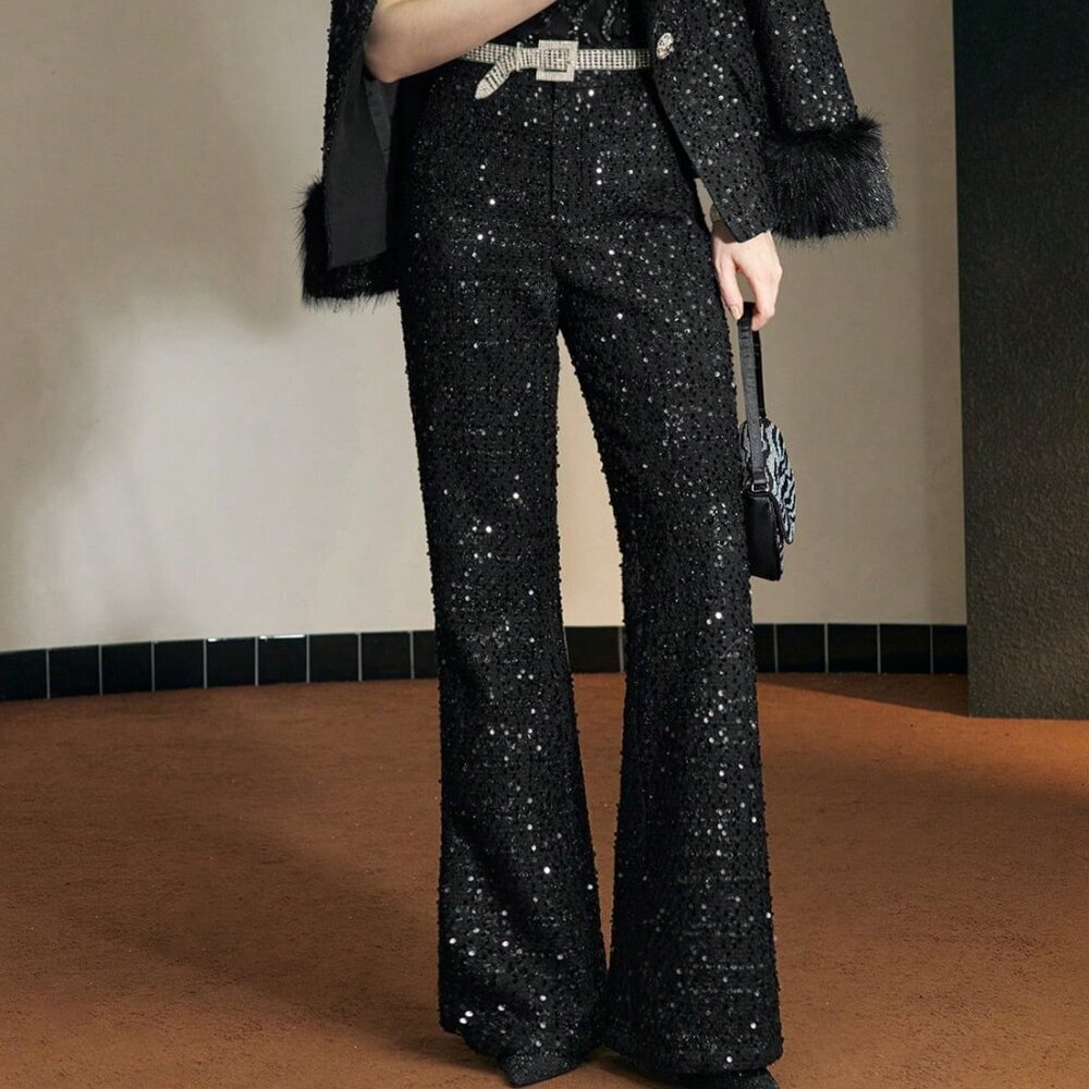Black Party Women's Sequin Tailored Flare Leg Suit Pants - Picture 6 of 8